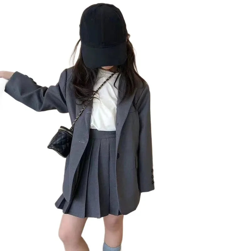 2026 Spring Winter Girls Kids 2 Piece Child Outfits Teenager Suit Set Slim Blazer Jacket Top + Mini Pleated Skirt 4 5 10 12 Year