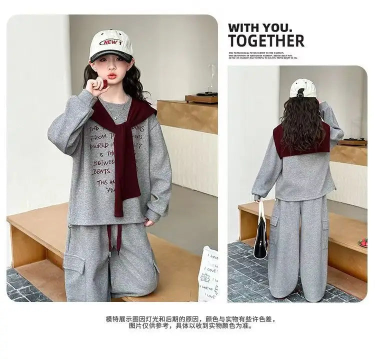2026 autumn spring teenager kids girl Children set Clothes loose sweatshirt Hooded t shirt+ pocket wide leg pant 4 10 12 14 Year