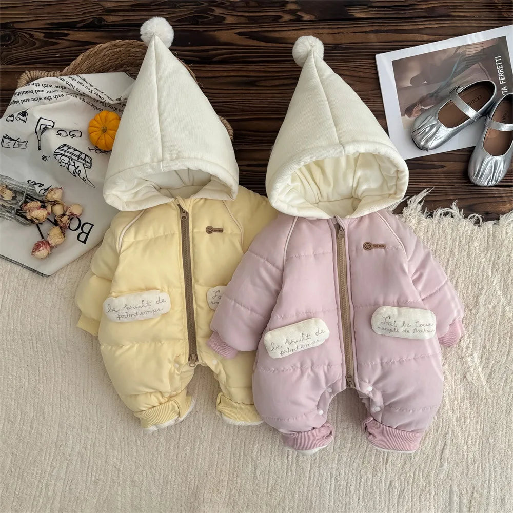 Baby winter clothes with cotton jumpsuit, sweet and cute, 0-2 year old female baby with plush and thick climbing clothes