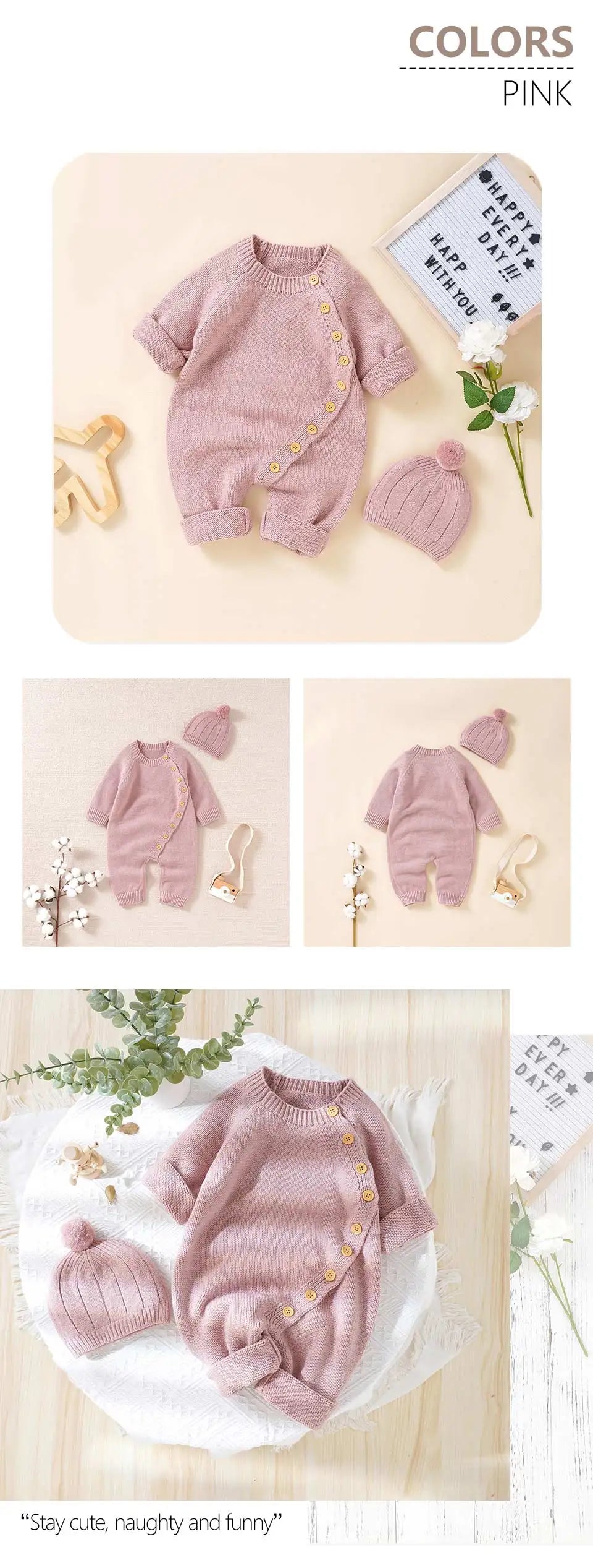 Baby Rompers Clothes Spring Autumn Solid Full Sleeve Knitted Newborn Infant Boys Girls Jumpsuits Hats Outfits Sets 0-18m Costume