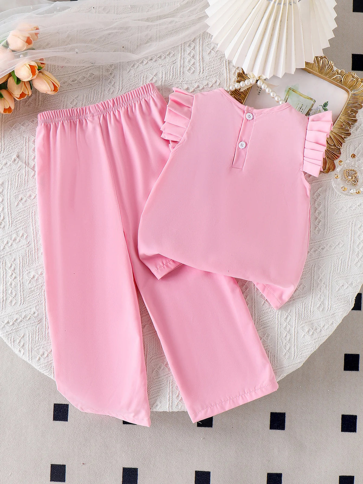 Cross-border Summer New Girl Sweet and Comfortable 4-7 Years Old Pink Top + Pantsuit