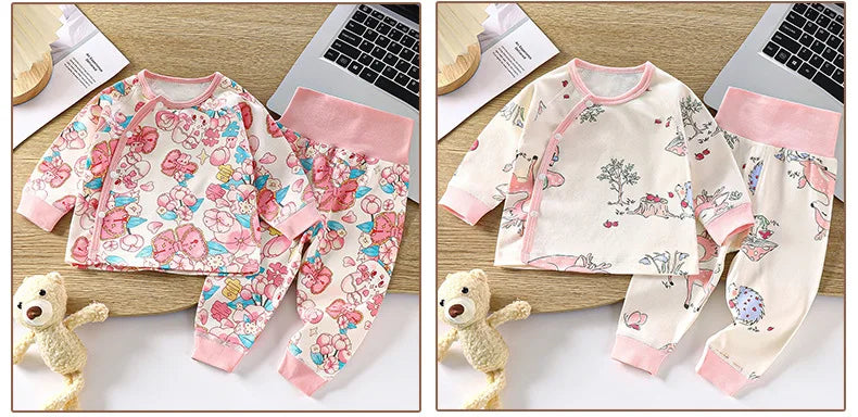 Newborn Boys Girls Pure Cotton Warm Pajamas Cute Cartoon Print Long Sleeve Pyjamas Toddler Baby Autumn Sleepwear Clothing Sets