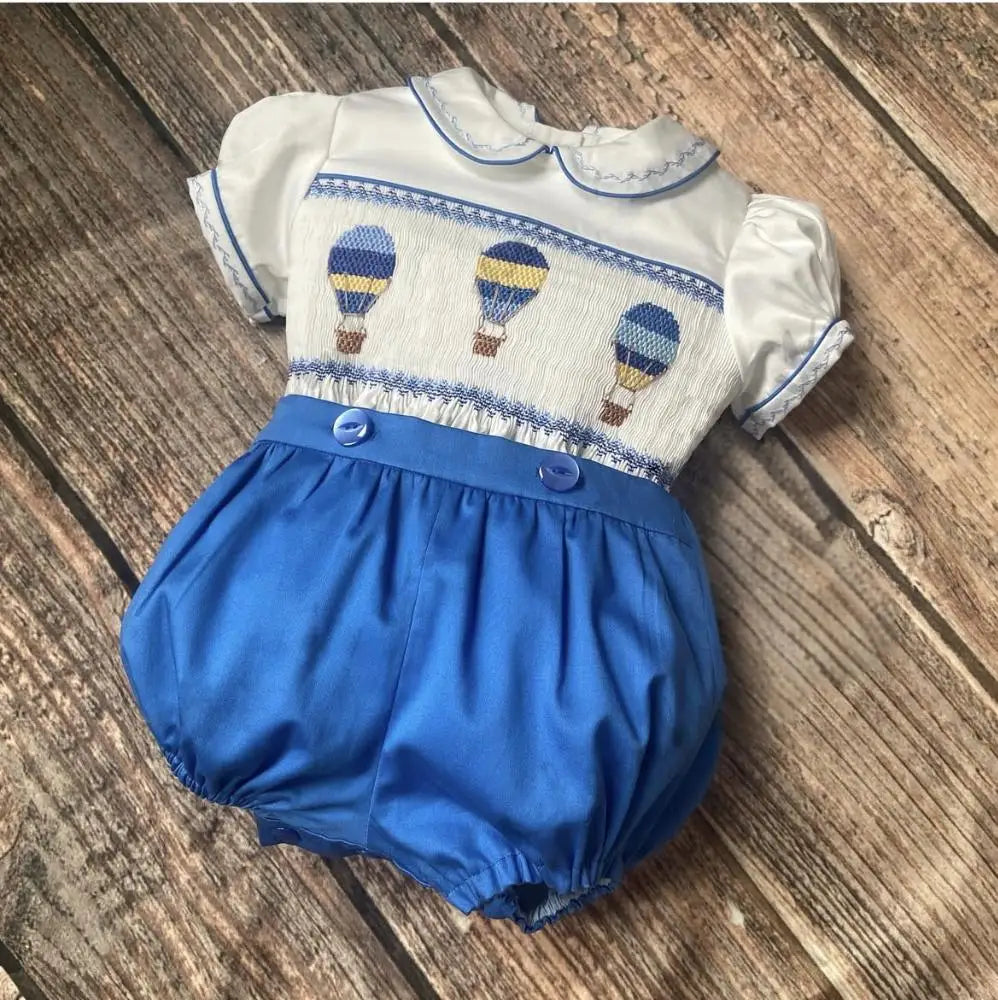 0-6Y Baby Boy Summer Short Sleeves Hot Air Balloon Handmade Embrodery Smocked Blue Outfit Suit for Birthday Holiday  Casual A12