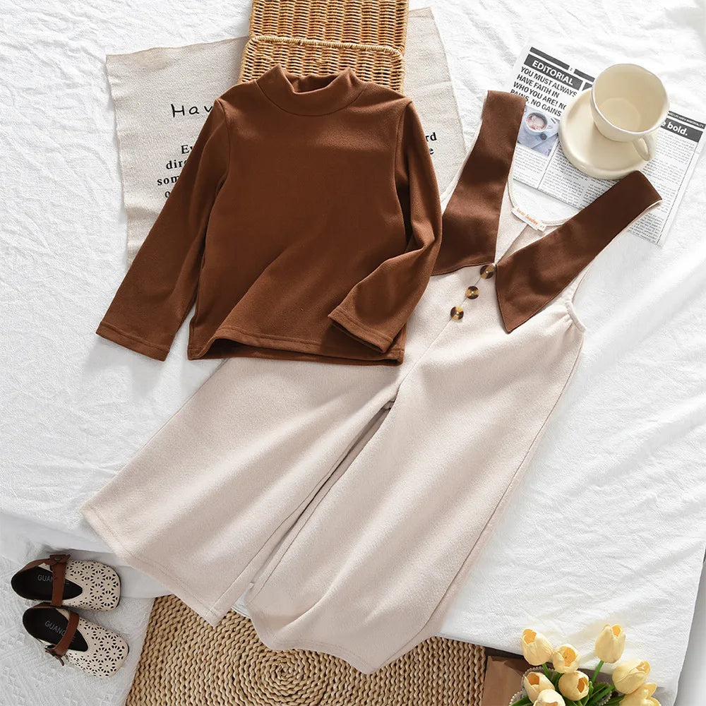 9 Months To 7 Year Old Cute Baby Girl Clothes Autumn Korean Version Coffee Color Half Collar Top + Beige Jumpsuit Two-piece Set