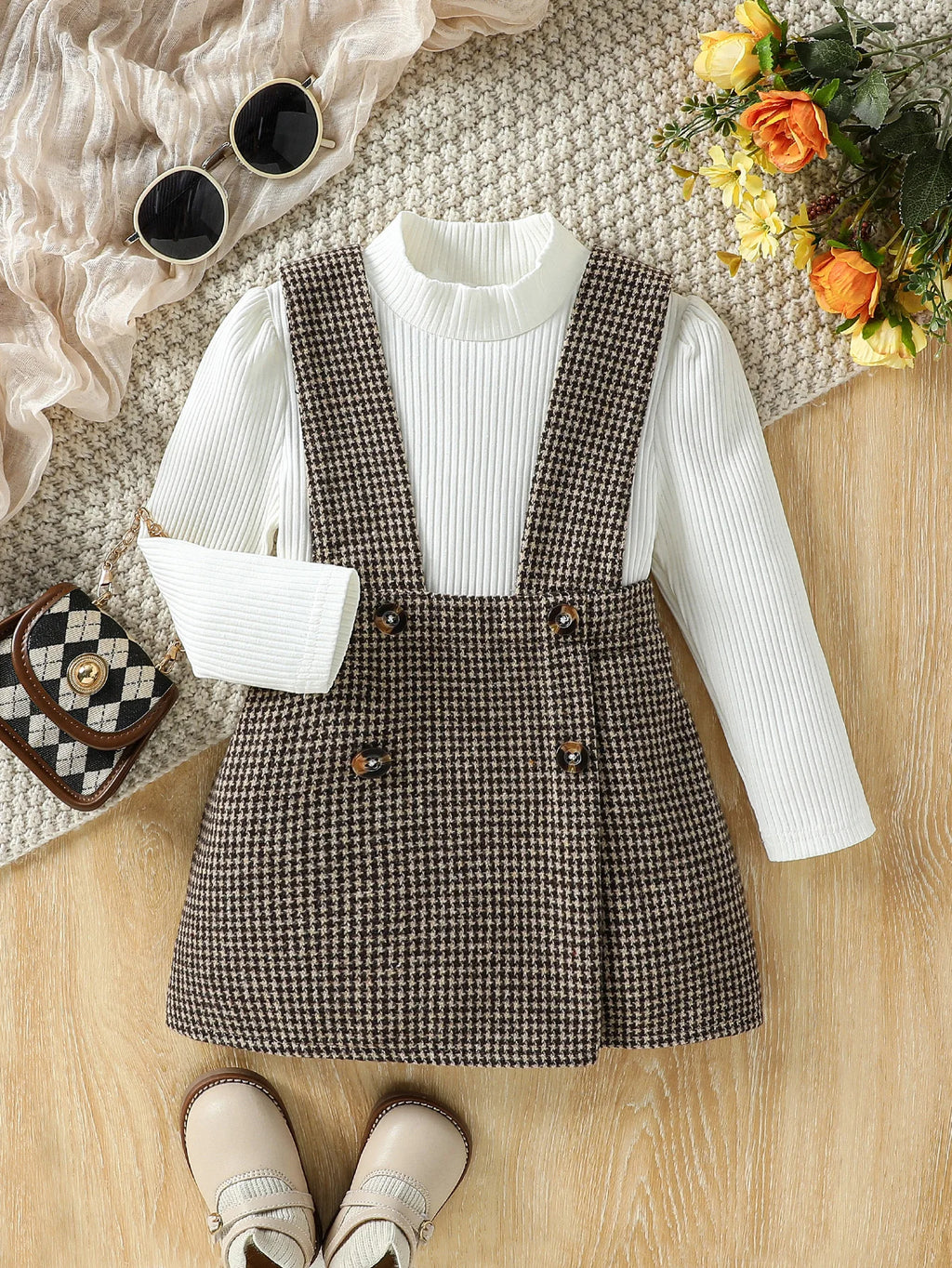 2-6 Years Kid Girl  Solid Long Sleeve Top &Plaid Strap Skirt Set Fashion Cute All Match Wear Autumn Winter Party Outifit Clothes