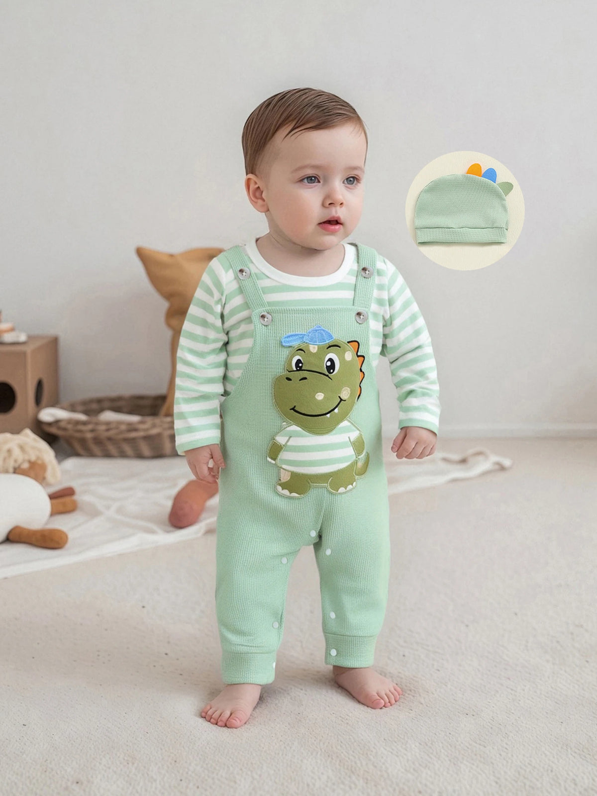 Cute Infant Newborn Baby Boys 3Pcs Outfit Cute Baby Clothes Long Sleeve Striped Romper Animal Embroidery Overalls Hat Clothes