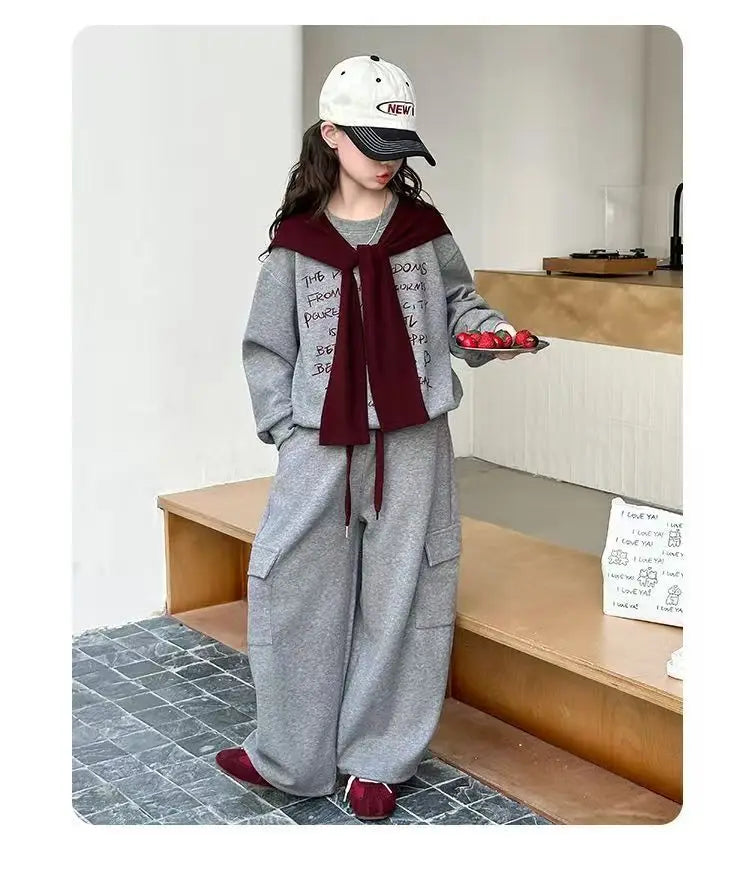 2026 autumn spring teenager kids girl Children set Clothes loose sweatshirt Hooded t shirt+ pocket wide leg pant 4 10 12 14 Year