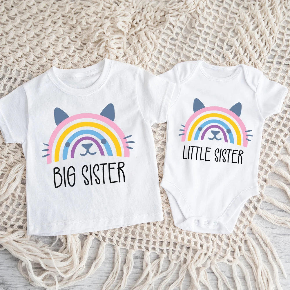 Big Sister Little Sister Rainbow Printed Family Matching Clother Girls Sibling Shirts Cartoon Rainbow Kids T-shirt Baby Bodysuit