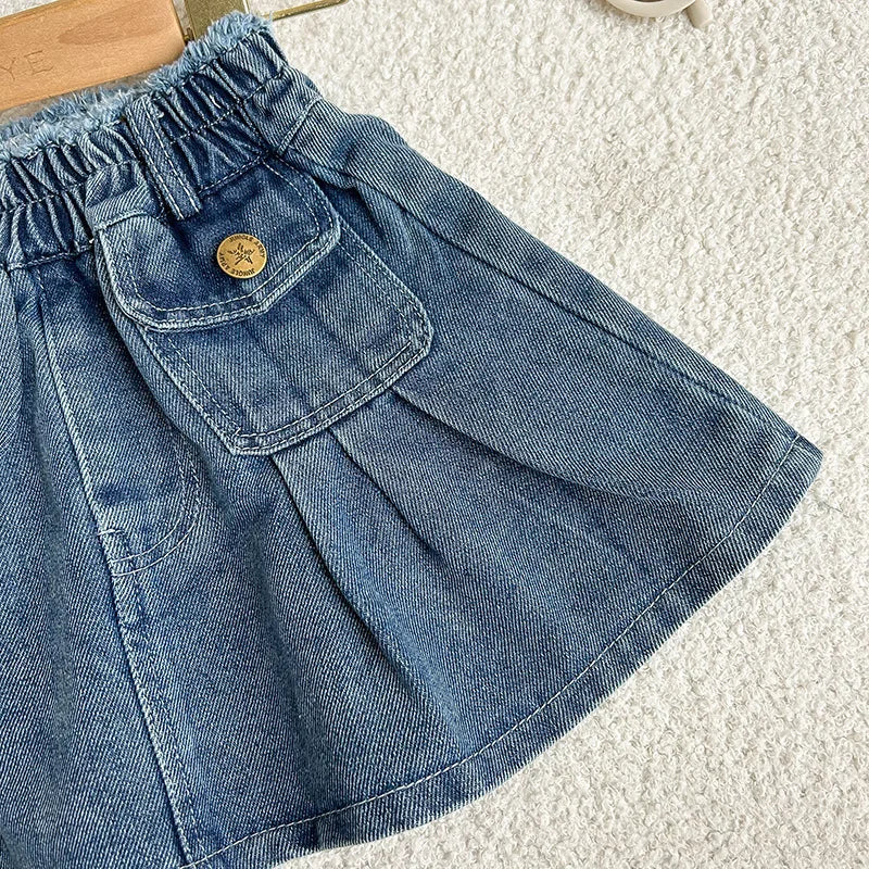 2-8 year old girl's denim set with retro lapel long sleeved denim jacket+pleated skirt cover girl's fashionable and trendy set