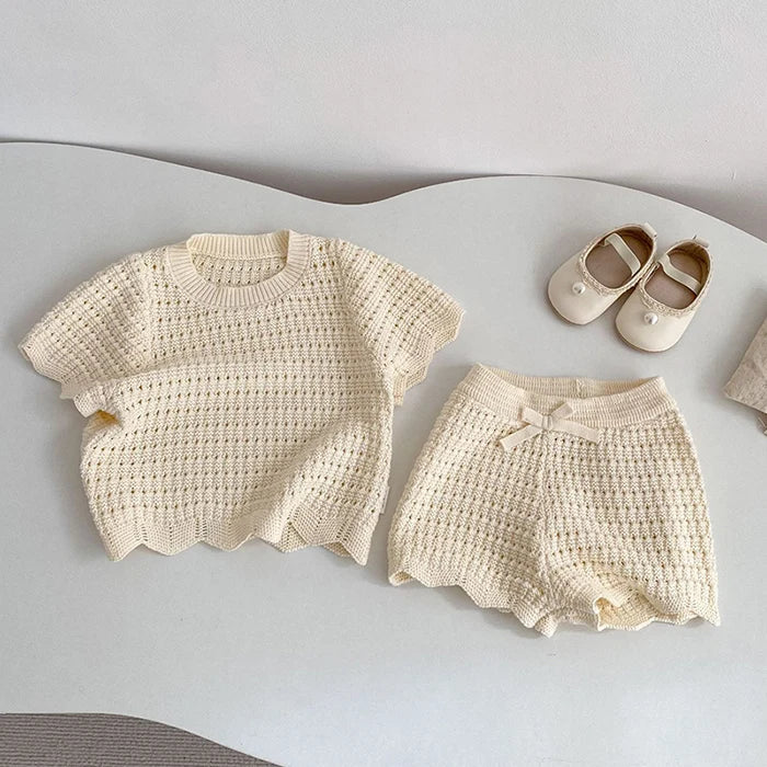 2026 New Summer 0-6Yrs Children Clothes Suit Short Sleeved Solid Color Knitted Pullover+Shorts Newborn Baby Girls Clothing Set
