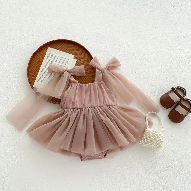 2026 Summer Baby Clothes 100 Day Baptism Birthday Party Sleeveless Jumpsuit Mesh Bow Romper Girl Princess Dress