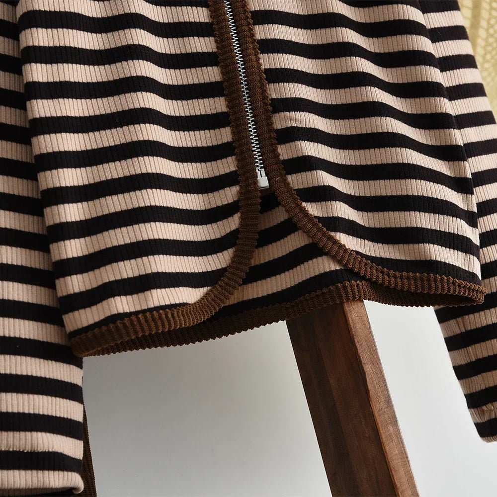 3-12 Year Old Children's Two-piece Set Autumn Long Sleeved Girls' Clothing Striped Printed Lapel Cardigan Top+Micro Flared Pants