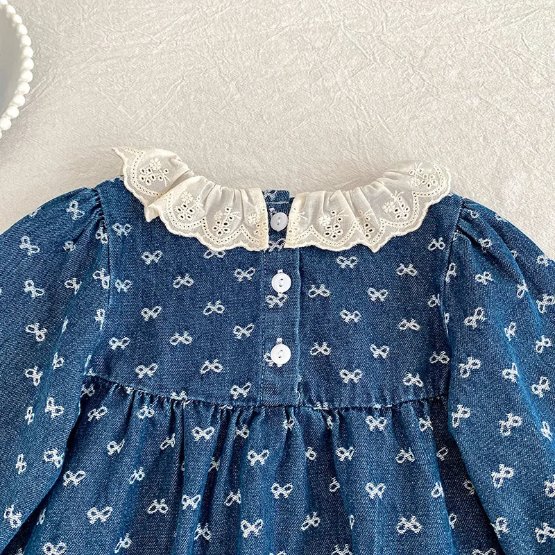 Toddler Sister Denim Bow Print 2-6Yrs Dress & 0-24M Baby Romper Ruffle Lace Collar Long Sleeve Infant Girls Sibling Clothes