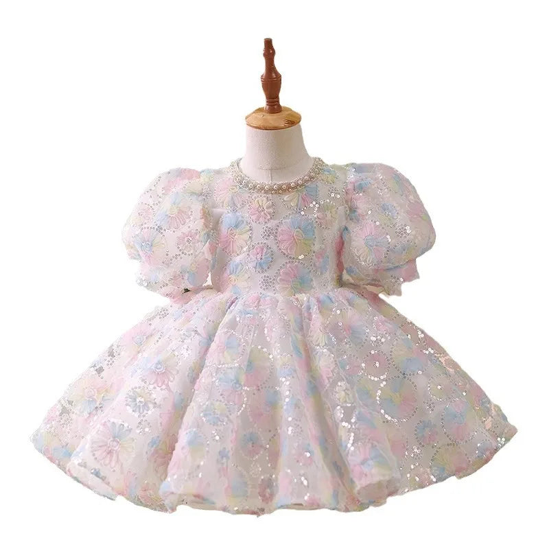 Baby Dress for One Year Old 2024 New Sweet Puff Sleeve Tulle Tutu Skirt Little Girl's 100-Day Birthday Party Dress