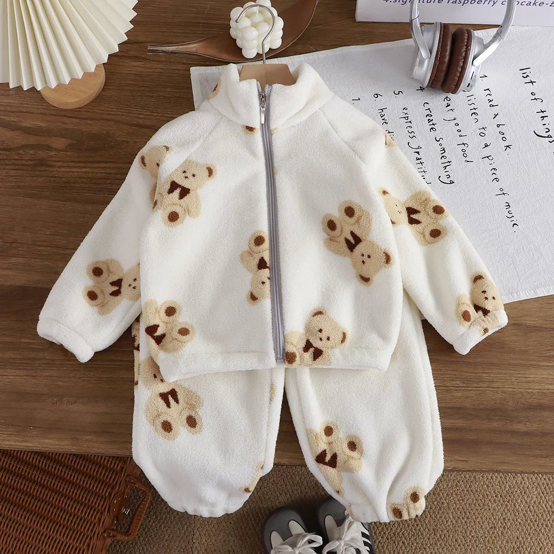 0-4 Years Old Toddler Suit Winter Flannel Home Outdoor Suit Children Pajamas Boy Girl Cartoon Thick Coral Velvet Two-Piece Set