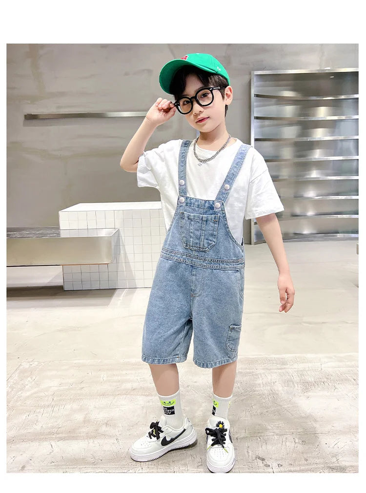 Children's Overalls Pants Boys New Summer Short Jumpsuit New Baby Trousers Bib Jeans Kids Denim Shortalls Age 4 To 14 Years Old