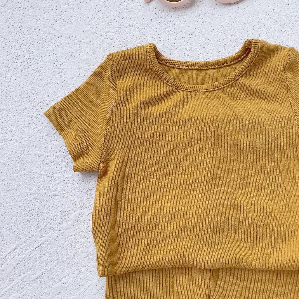 Baby Cotton Ribbed Clothes Set Short Sleeve Tops + Shorts 2pcs Suit Candy Color Baby Girl T Shirts Solid Boys Shorts Outfits