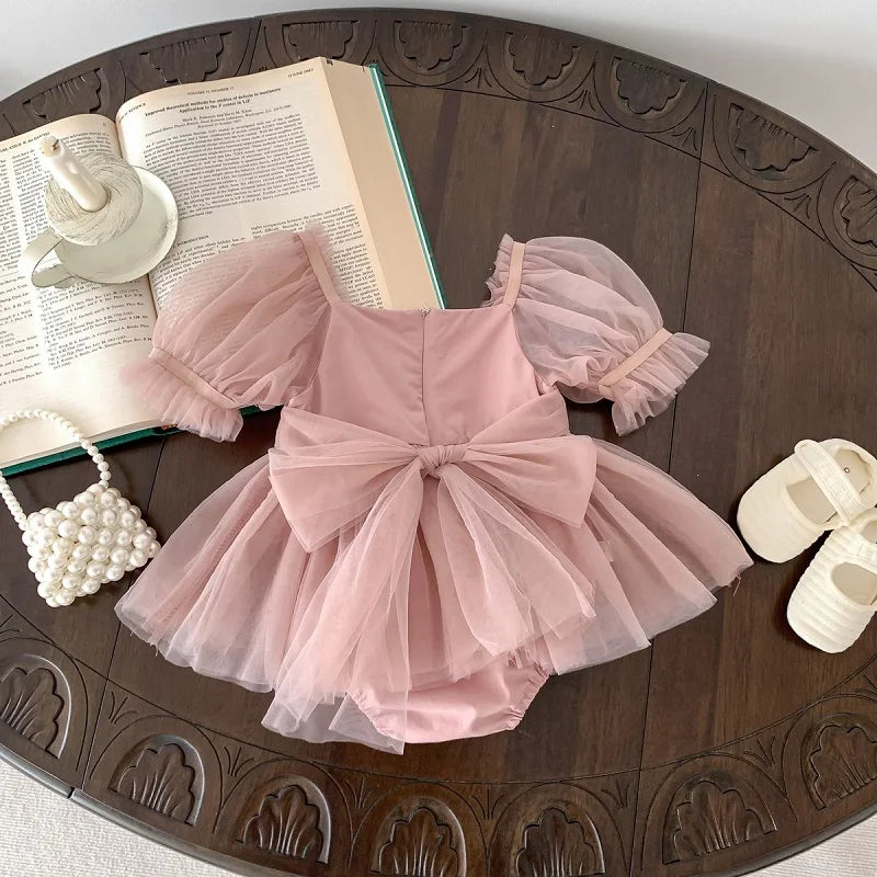 2026 Summer Baby Clothes 100 Day Baptism Birthday Party Sleeveless Jumpsuit Mesh Bow Romper Girl Princess Dress