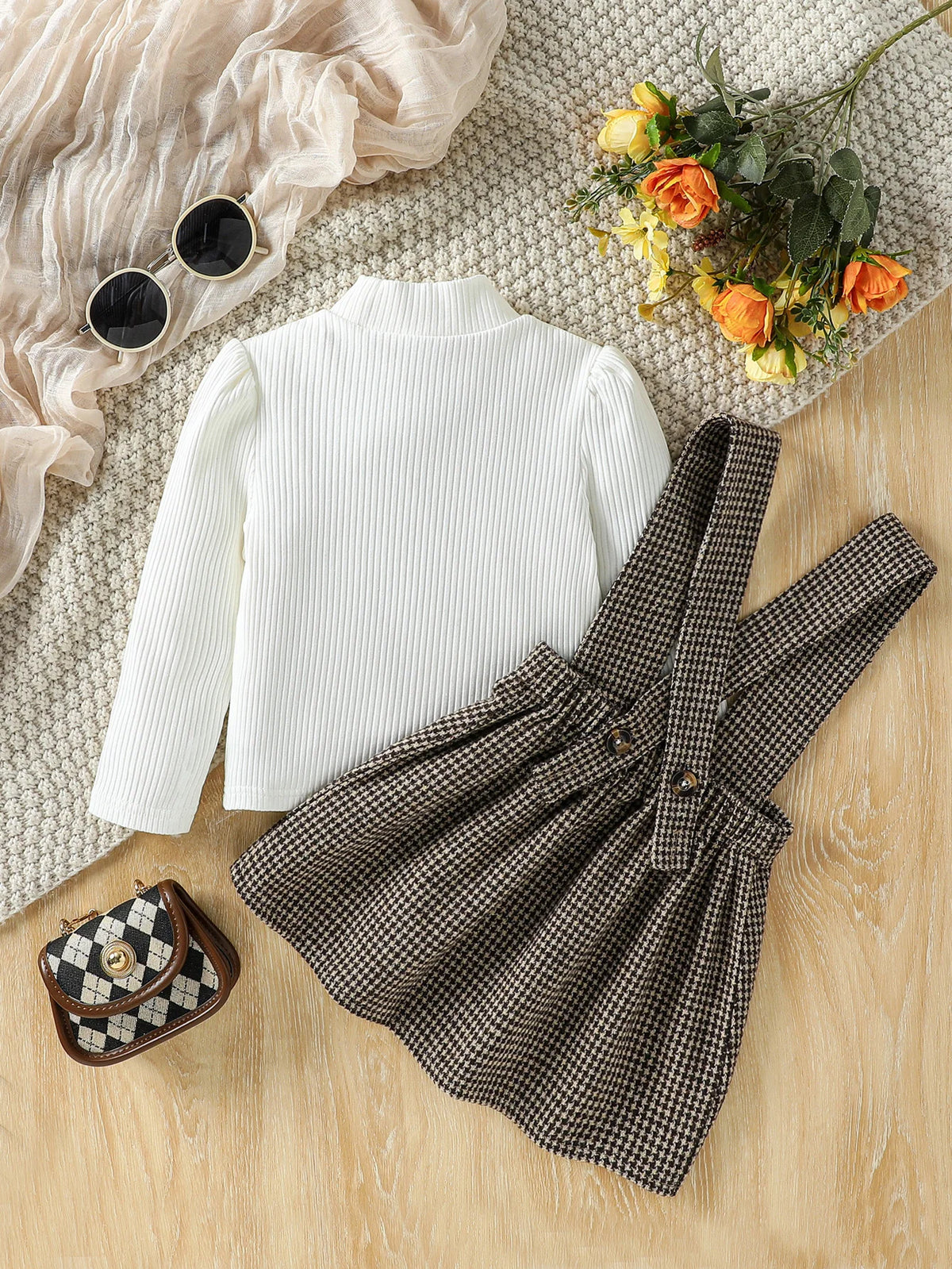 2-6 Years Kid Girl  Solid Long Sleeve Top &Plaid Strap Skirt Set Fashion Cute All Match Wear Autumn Winter Party Outifit Clothes