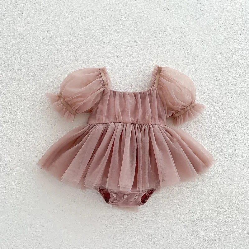 2026 Summer Baby Clothes 100 Day Baptism Birthday Party Sleeveless Jumpsuit Mesh Bow Romper Girl Princess Dress