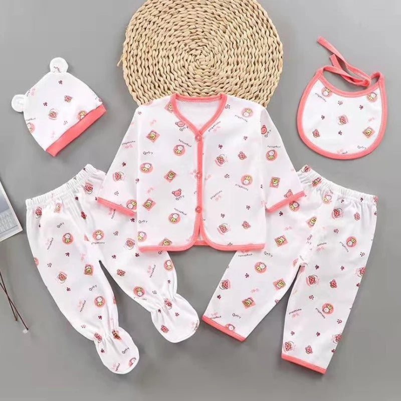 5Pcs/Set Newborn Baby Girl Clothes Set Cotton Soft Underwear Infant Boy Outfit Children Girl Top+2Pant+Bib+Hat Toddler A1156