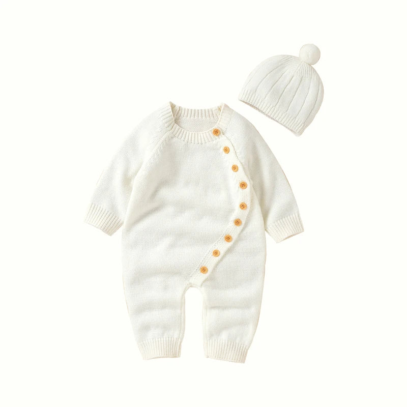Baby Rompers Clothes Spring Autumn Solid Full Sleeve Knitted Newborn Infant Boys Girls Jumpsuits Hats Outfits Sets 0-18m Costume
