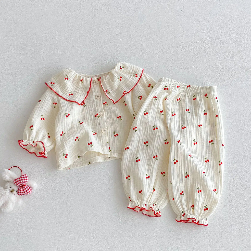 Baby Clothing Set 2025 Autumn New Baby Girl Pajamas Set Infant Cherry Print Top+Pant Casual Two-piece Suit Home Clothes