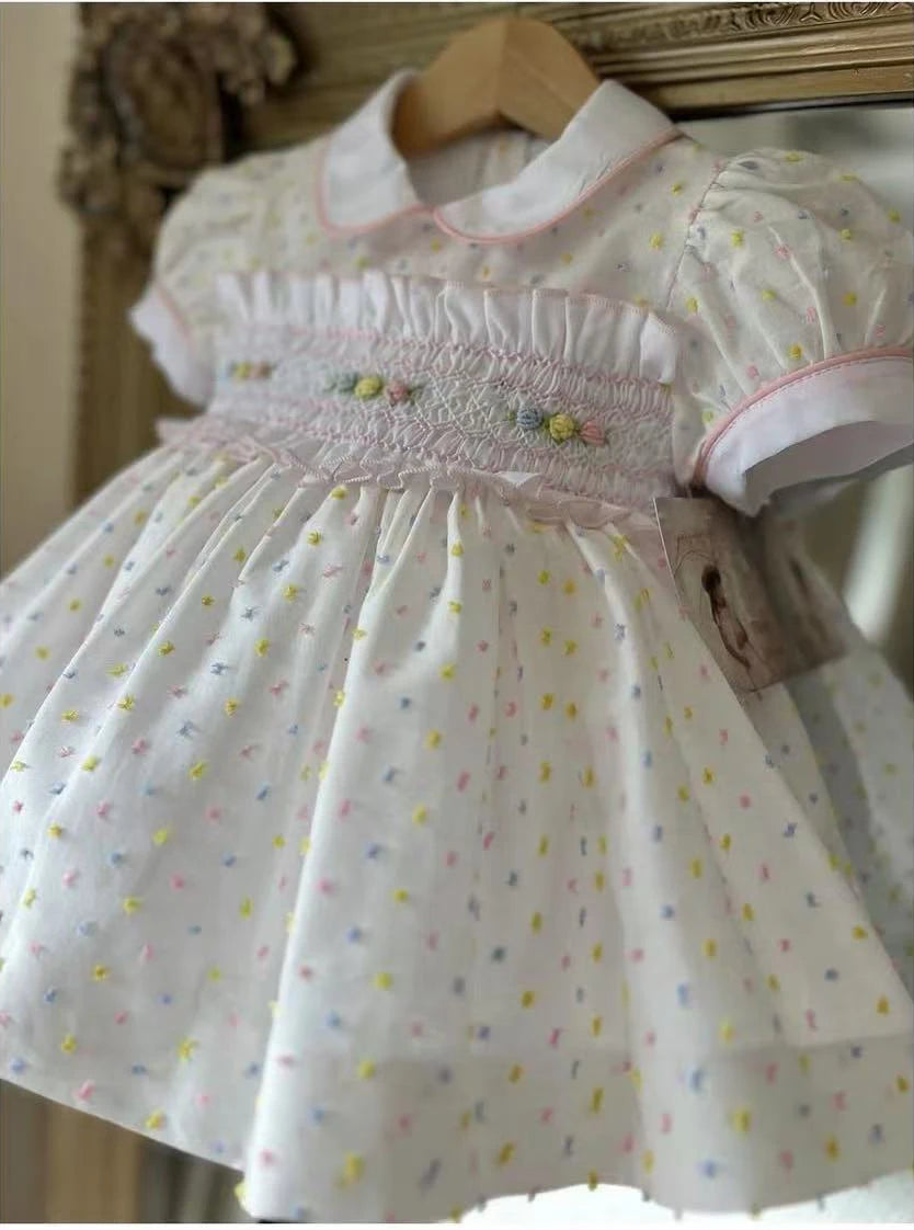 0-12Y Baby Girl Summer Flower Handmade Embroidery Smocked White Dress for Eid Birthday Party Holiday Photography Casual A187