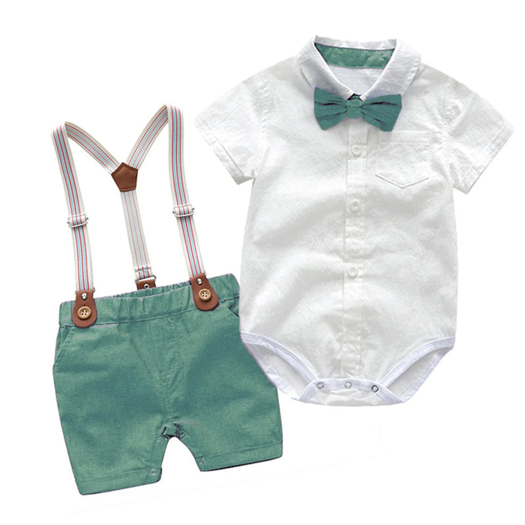 0-3Y Newborn Baby Boy Gentleman Outfits Short Sleeve Shirts Romper Overalls Shorts Infant Summer Boys Clothes Formal Suits 2Pcs