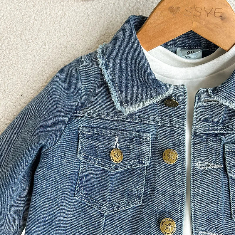 2-8 year old girl's denim set with retro lapel long sleeved denim jacket+pleated skirt cover girl's fashionable and trendy set