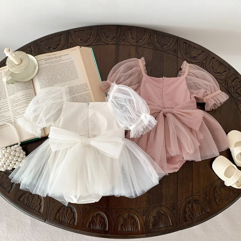 2026 Summer Baby Clothes 100 Day Baptism Birthday Party Sleeveless Jumpsuit Mesh Bow Romper Girl Princess Dress