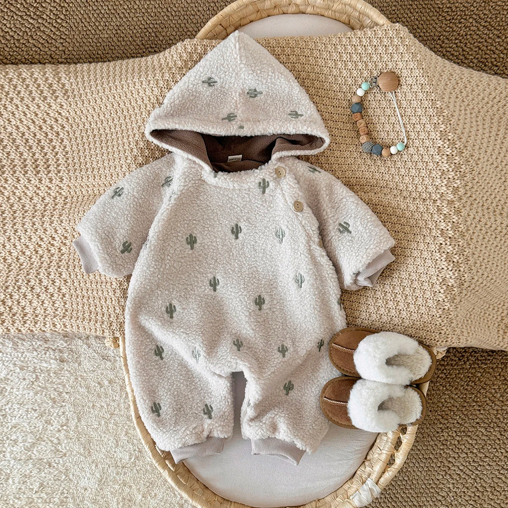 Newborn Baby Clothes Soft Plush Winter Baby Boys Girls Jumpsuit Cactus Embroidery Hooded Warm Rompers