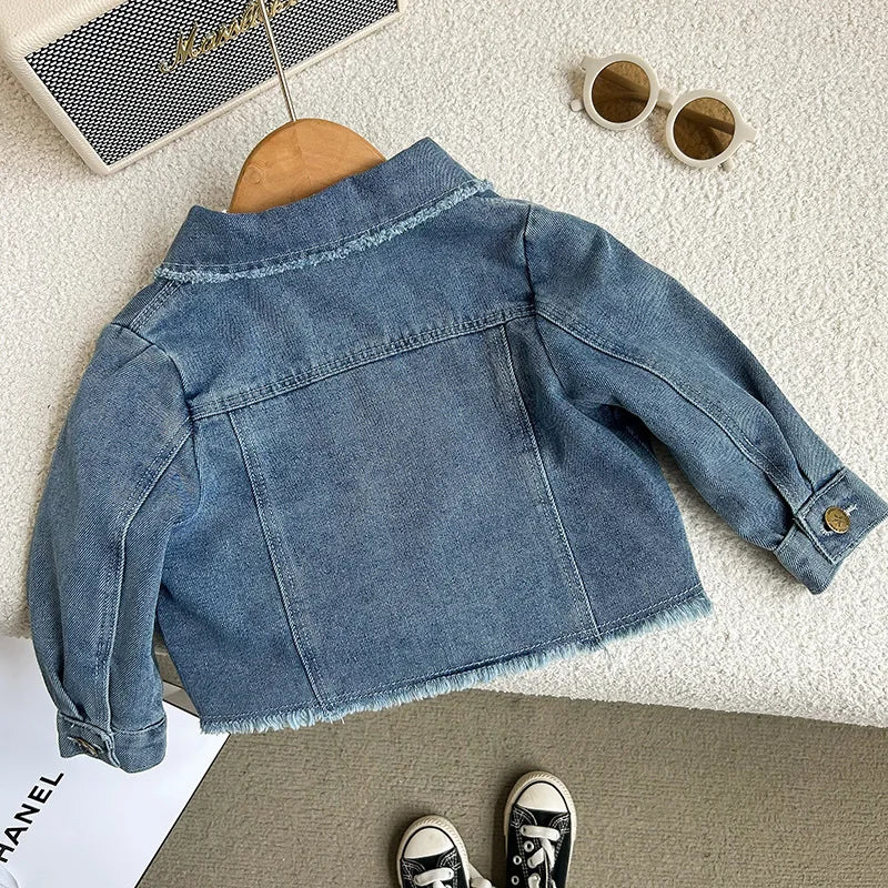 2-8 year old girl's denim set with retro lapel long sleeved denim jacket+pleated skirt cover girl's fashionable and trendy set