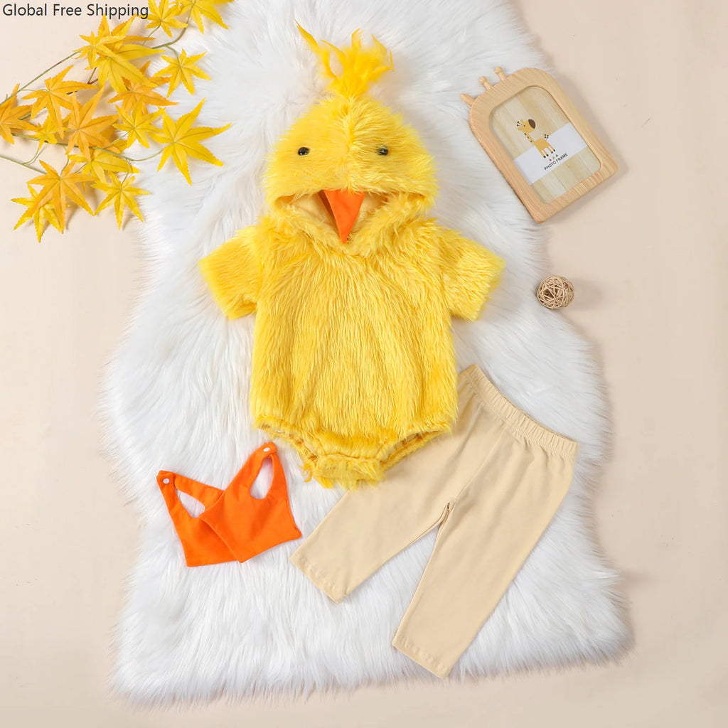 Halloween Christmas Party Baby Girl Boy Cosplay Chicken One-piece Clothes Cute Plush Short-sleeved Hooded One-piece Pants Set