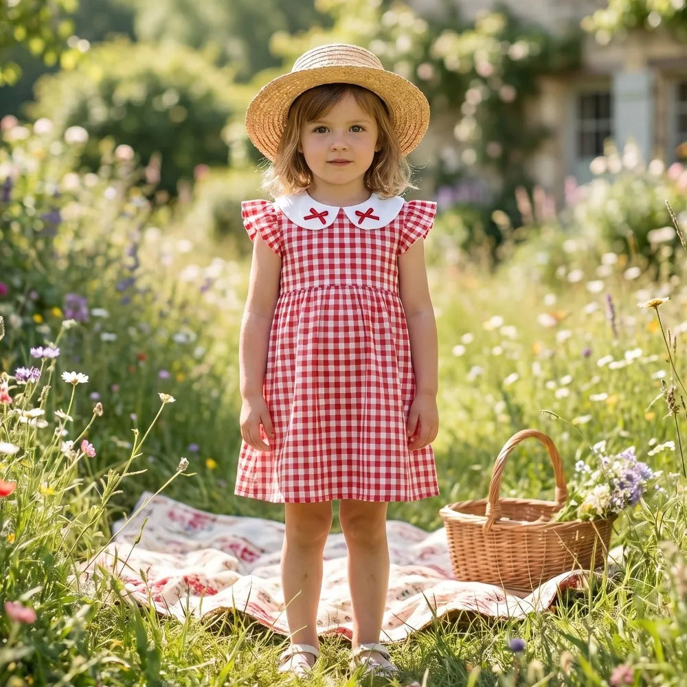 (0-10 Years Old) 2026 Summer Beach Baby Girl Four Colors Cute Fly Sleeve Plaid Dress for Girl Sundress Cute Girls Dress Beach Dr