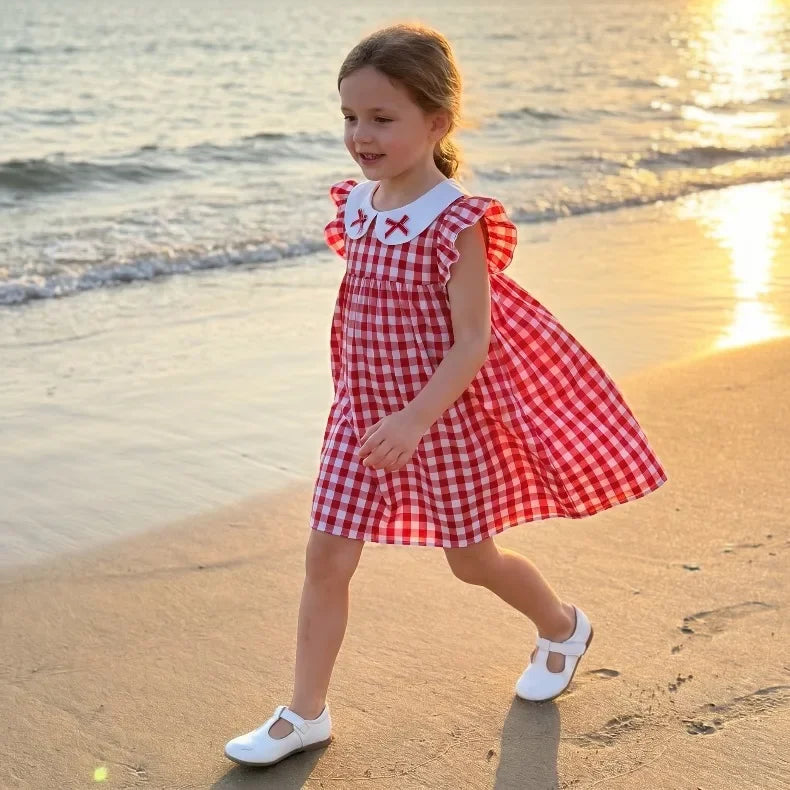 (0-10 Years Old) 2026 Summer Beach Baby Girl Four Colors Cute Fly Sleeve Plaid Dress for Girl Sundress Cute Girls Dress Beach Dr