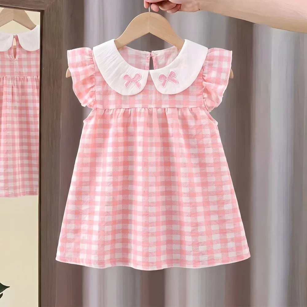 (0-10 Years Old) 2026 Summer Beach Baby Girl Four Colors Cute Fly Sleeve Plaid Dress for Girl Sundress Cute Girls Dress Beach Dr