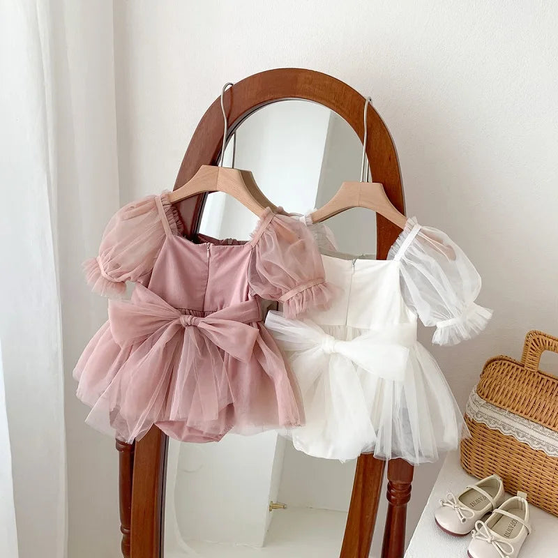 2026 Summer Baby Clothes 100 Day Baptism Birthday Party Sleeveless Jumpsuit Mesh Bow Romper Girl Princess Dress
