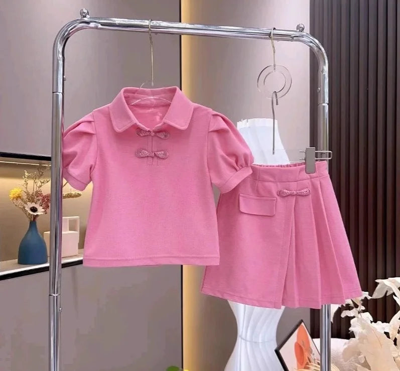 2026 summer child teenager Girls Clothes slim short sleeve rose red sweatshirt T-shirt and mini Pleated skirt 4 8 9 10 12 Year