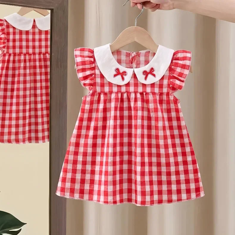 (0-10 Years Old) 2026 Summer Beach Baby Girl Four Colors Cute Fly Sleeve Plaid Dress for Girl Sundress Cute Girls Dress Beach Dr