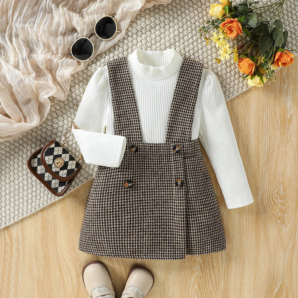 2-6 Years Kid Girl  Solid Long Sleeve Top &Plaid Strap Skirt Set Fashion Cute All Match Wear Autumn Winter Party Outifit Clothes