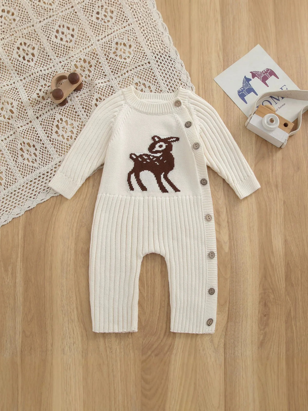 2026 Autumn Baby Clothes Cute Deer Print Infant Girls Knit Rompers Full Snap Button Infant Sweater Jumpsuit
