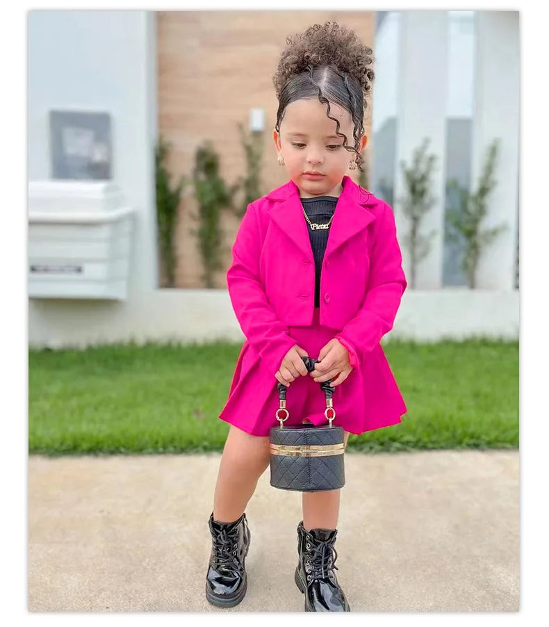 2025 Kids Girls Autumn 2 Pcs Outfits Long Sleeve Button Coat + Pleated Plaid Skirt Children Clothing For 2 3 4 5 6 7 8 Years