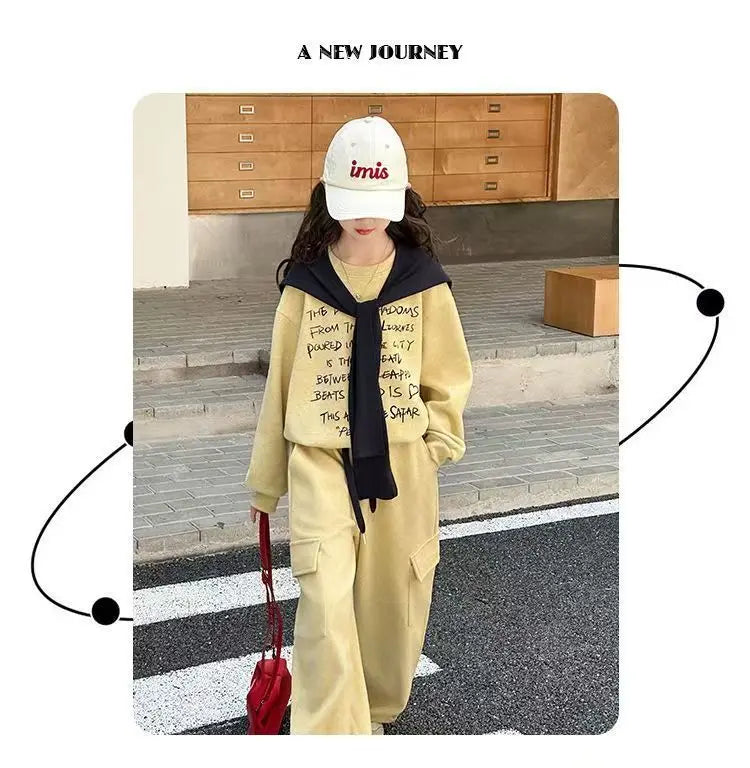 2026 autumn spring teenager kids girl Children set Clothes loose sweatshirt Hooded t shirt+ pocket wide leg pant 4 10 12 14 Year