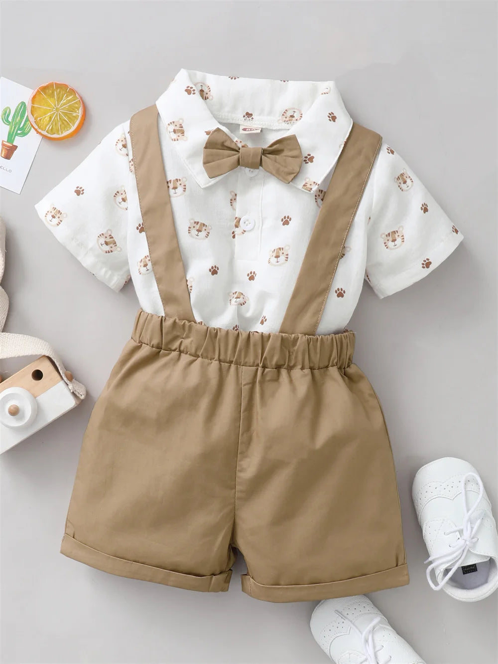 3-24 Months Baby Boy Clothing Set Short Sleeves Animal Bodysuit+Strap Shorts 2PCS Clothes Newborn Baby Boy Gentleman Outfit Suit