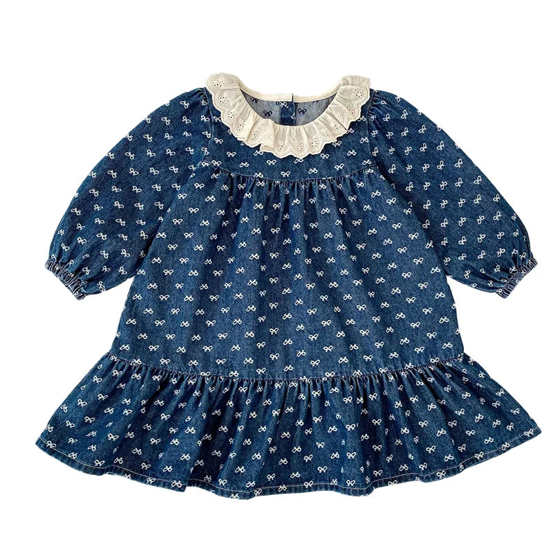 Toddler Sister Denim Bow Print 2-6Yrs Dress & 0-24M Baby Romper Ruffle Lace Collar Long Sleeve Infant Girls Sibling Clothes