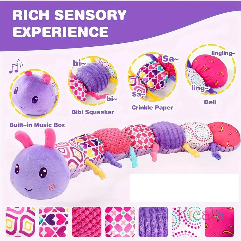 Baby Musical Caterpillar Plush Toy with Crinkles and Rattles Sensory Learning Toy for 0+ Months Infants Newborn Boys and Girls