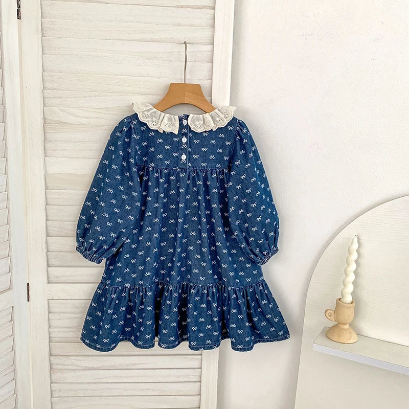 Toddler Sister Denim Bow Print 2-6Yrs Dress & 0-24M Baby Romper Ruffle Lace Collar Long Sleeve Infant Girls Sibling Clothes