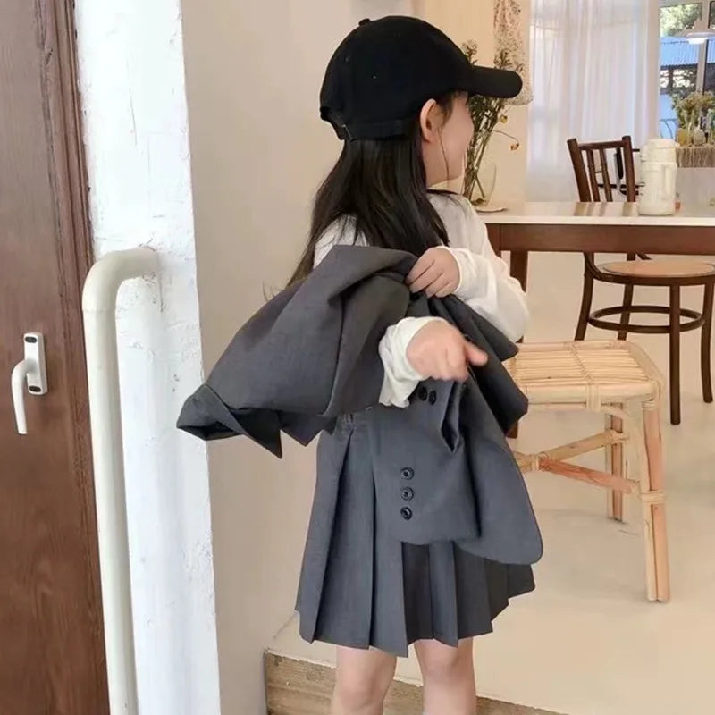 2026 Spring Winter Girls Kids 2 Piece Child Outfits Teenager Suit Set Slim Blazer Jacket Top + Mini Pleated Skirt 4 5 10 12 Year