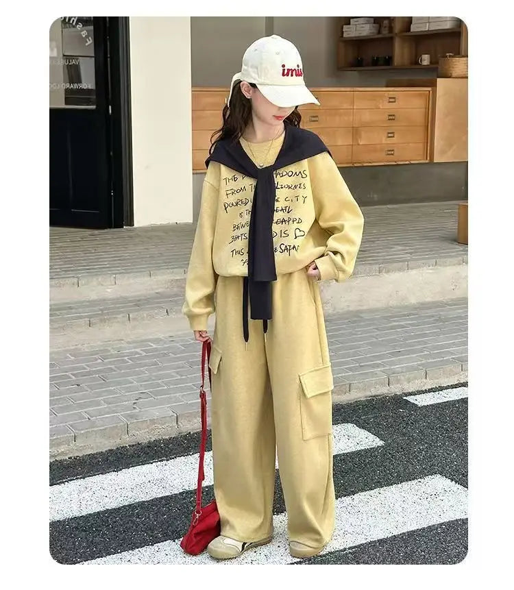 2026 autumn spring teenager kids girl Children set Clothes loose sweatshirt Hooded t shirt+ pocket wide leg pant 4 10 12 14 Year